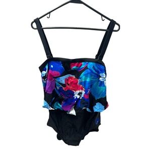 One Piece Swimsuit Convertible Straps Black Floral Size Large 10/12 New With Tag